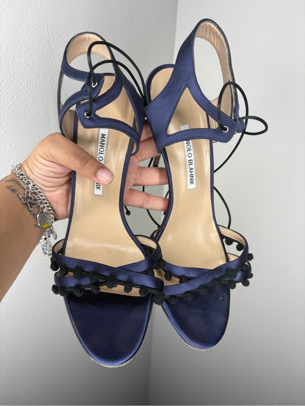Manolo Blahnik Navy Satin Pom-Pom Lace-Up Heels